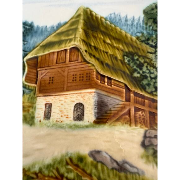 Vintage Schramberg Majolica Relief German Mountain Chalet 9” Plate - Picture 7 of 10